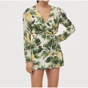 H&M Romper Lemon Motif Women Sz 6/8 Faux‎ Wrap Deep V Jumper Shortall Mini Dress
